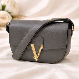 Authentic Versace Virtus Shoulder Bag Gray Leather Gold V Logo Crossbody Bag